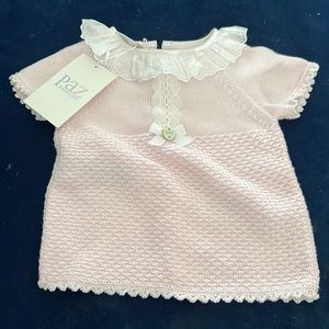 Paz Rodriguez 6M baby girl shirt, pink with white lace white bow